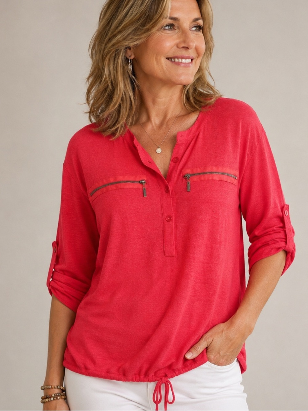 NWT. Orange Fashion Village - Coral V-Neck Henley with Zip Chest Pockets - SzSM